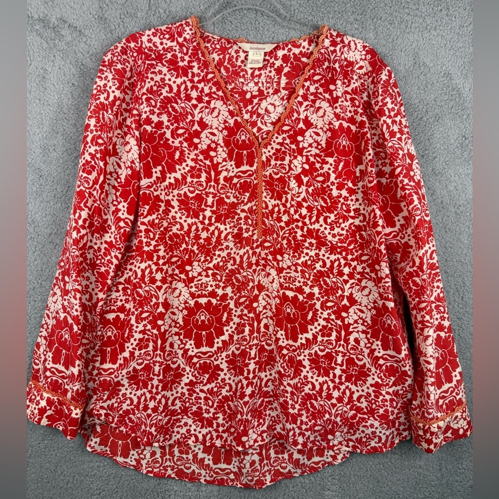 Sundance red floral silk blouse size large preowned